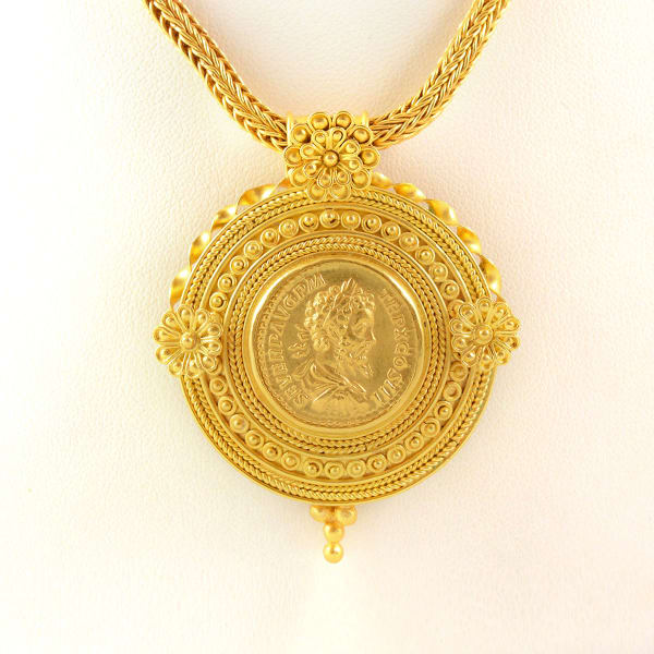 Classical Revival Gold Necklace with a Coin Pendant