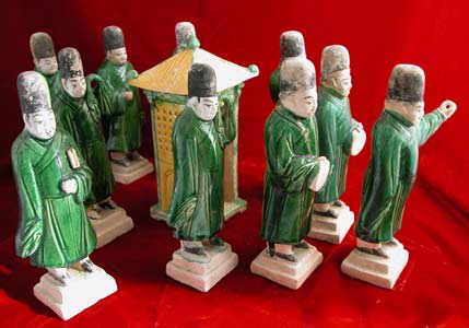 Set of Ten Ming Glazed Terracotta Attendants and a Palanquin