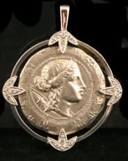 18 Karat White Gold and Diamond Pendant with a Macedonian Silver Tetradrachm Minted Under Roman Rule