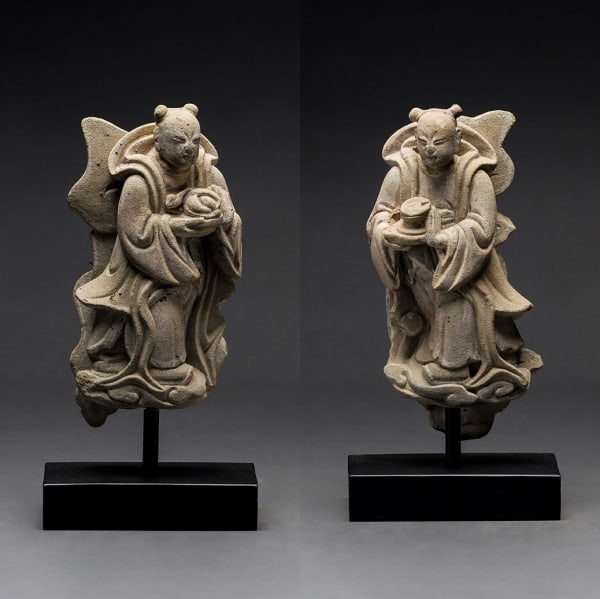 Pair of Ming Dynasty Stone Figures in Immortal Boys (童子)