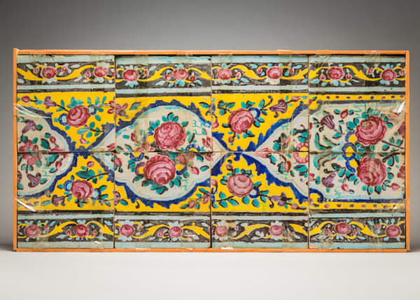 Panel of Persian earthenware tiles, painted in polychrome glaze