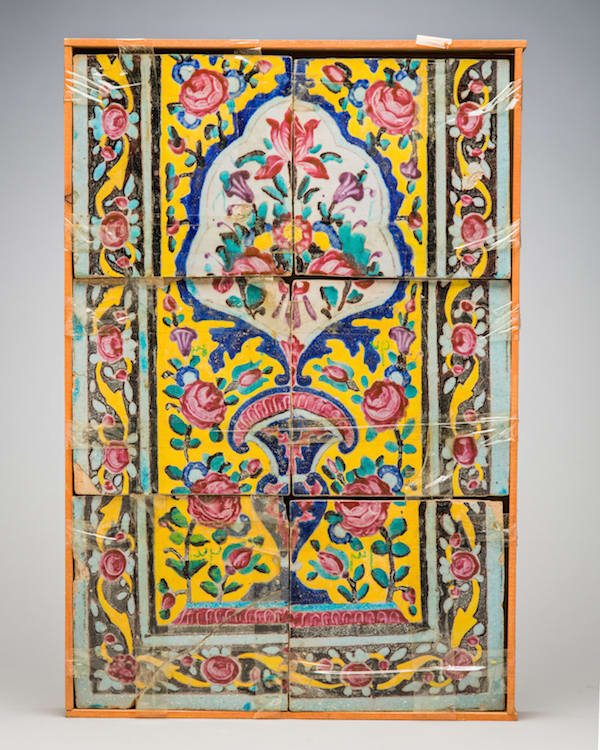 Panel of Persian earthenware tiles, painted in polychrome glaze