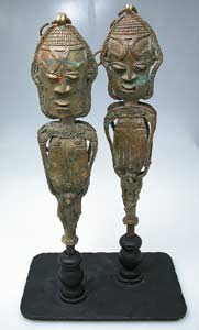 Yoruba Linked Pair of Brass Edan Sculptures
