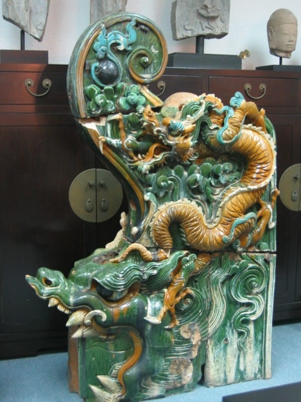 A Pair of Ming Dynasty Glazed Dragon Temple Tiles