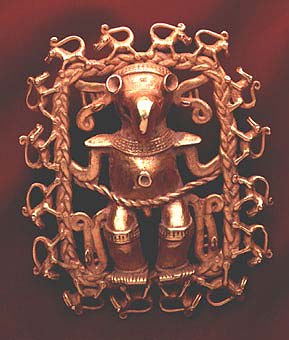 Gold Pendant of an Avian Masked Shaman Surrounded by Monkeys