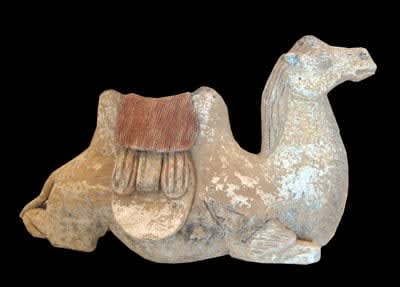 Early Tang Painted Pottery Seated Camel with Detachable Saddle