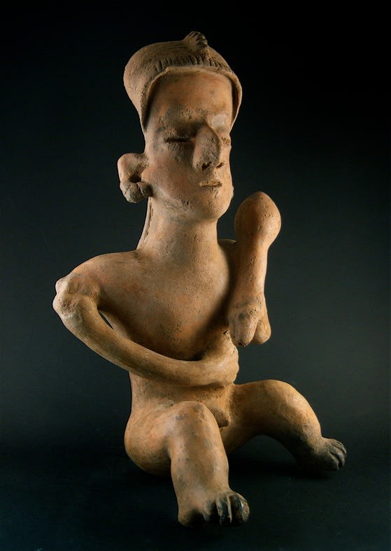 San Sebastián Style Nayarit Sculpture of a Seated Man Holding a Baton