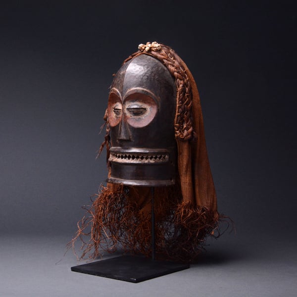 Chokwe Wooden Cihongo Mask with Cloth and Raffia Fibers