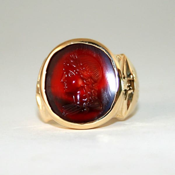 Gold Ring Featuring a Roman Carnelian Intaglio Depicting a Bust of an Emperor