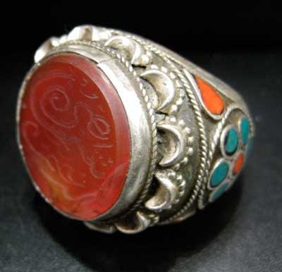 Inscribed Carnelian Seal Set in Silver Ring