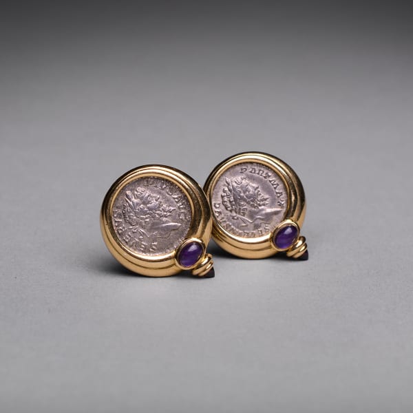 2 Silver Coins Of Emperor Septimius Severus Mounted In 18 Karat Gold Earrings