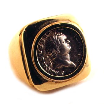 Gold Ring Featuring a Roman Silver Denarius of Emperor Vespasian Set In An 18 Karat Gold Ring