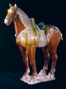 T'ang Sancai-Glazed Terracotta Sculpture of a Caparisoned Horse