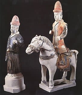 Ming Glazed Terracotta Sculptures of a Horse and Rider and an Attendant