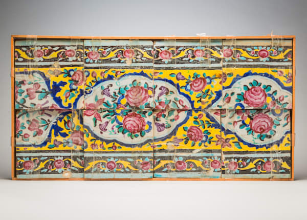 Panel of Persian earthenware tiles, painted in polychrome glaze