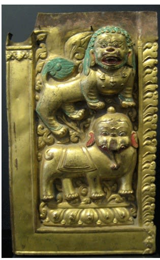 Gilt Copper Panel Depicting a Lion and an Elephant