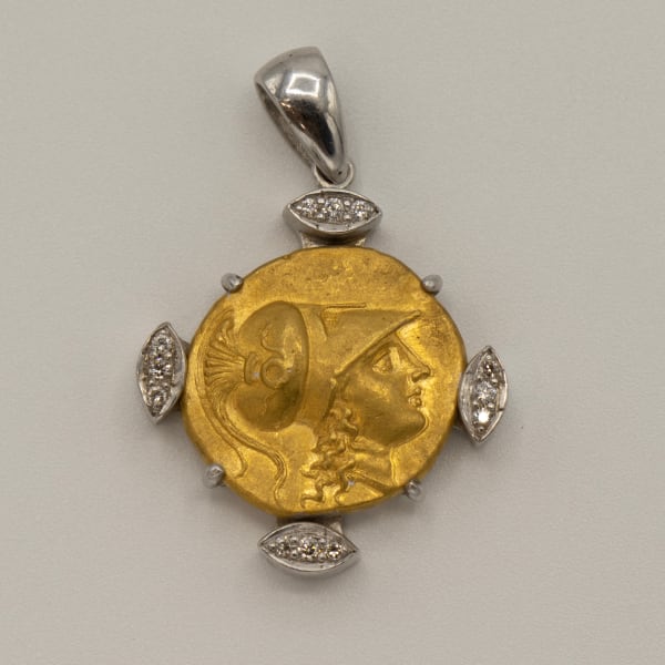 Diamond Studded 18 Karat White Gold Pendant Featuring a Gold Stater of Alexander the Great