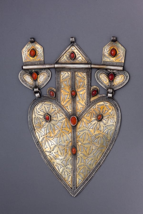 Large engraved heart-shaped Turkoman silver and carnelian chest pendant