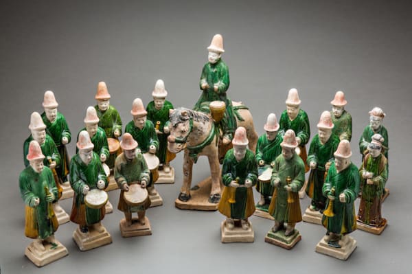 Set of Seventeen Ming Glazed Terracotta Musician and a Horse with Rider