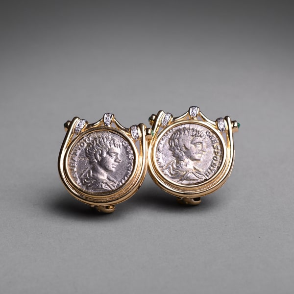 2 Siverb Coins Of Emperor Geta mounted in an 18 karat gold earrings.