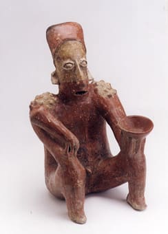 Ameca-Ezatlán Style Jalisco Seated Man Holding a Scepter and an Offering Bowl