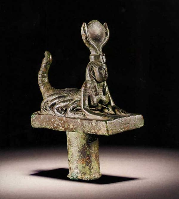 Egyptian Bronze Staff Finial in the Form of Isis-Selket