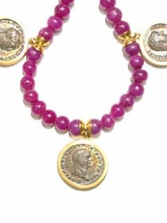 Ruby Bead Necklace Featuring Three Roman Silver Denarii of Emperors Trajan, Vespian, and Hadrian