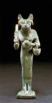Egyptian Bronze Sculpture of Bastet with Gold Earrings