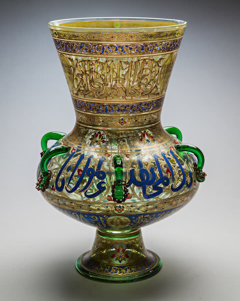 Mamluk-revival transparent glass mosque lamp with enamelled and gilded decoration