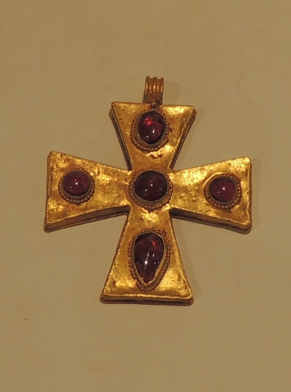Byzantine Revival Gold Cross Pendant Inlaid with Garnets