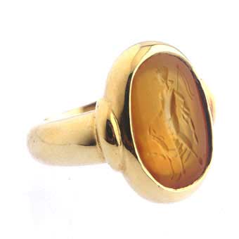 Gold Ring with Carnelian Intaglio Depicting Diana and Her Dog