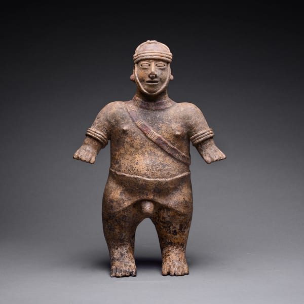 El Arenal Brown Style Jalisco Terracotta Sculpture of a Man Wearing a Helmet