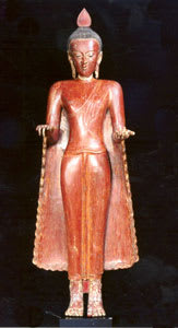 Early Pagan Wooden Red Lacquer Sculpture of Buddha Standing