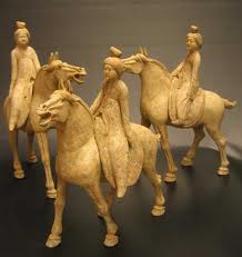 3 Piece Set of Early Tang Painted Pottery Horses with Detachable Lady Riders