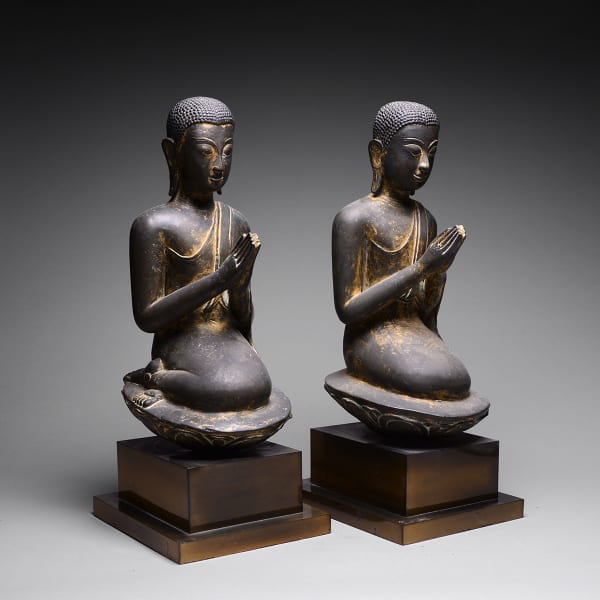 Pair of Rattanakosin Gilt Bronze Sculptures of Seated Disciples