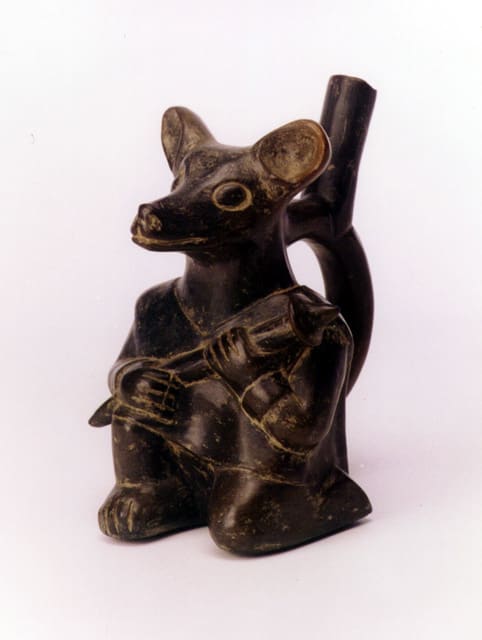Moche Blackware Stirrup Vessel in the Form of a Deer Warrior