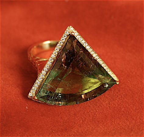 Diamond Studded Gold Ring Featuring a Triangular Watermelon Tourmaline