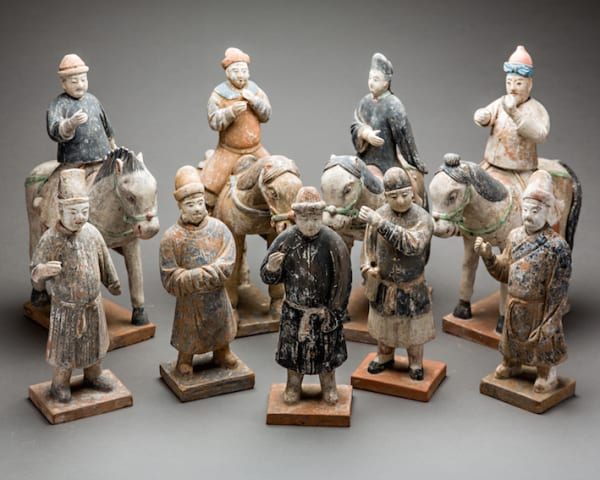 Ming Painted Terracotta Set Consisting of Five Figures and Four Horse and Riders