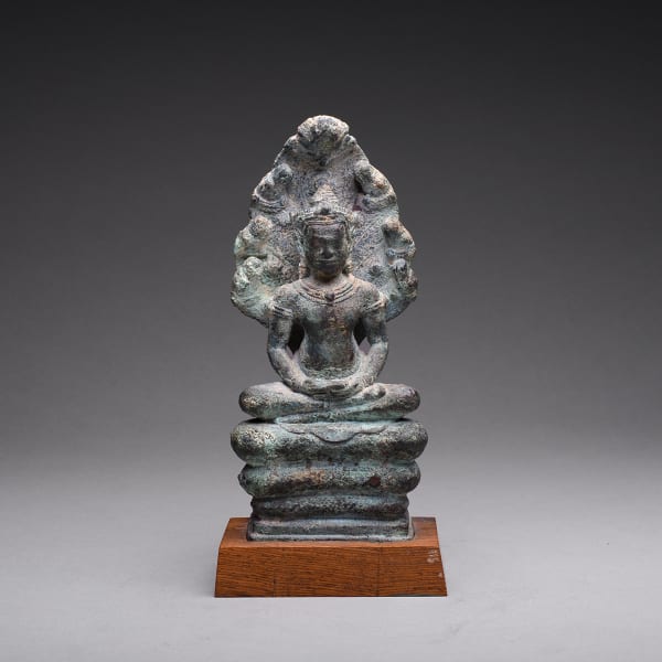 Khmer Bronze Seated Buddha Meditating on Naga