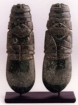 Pair of Central Pacific Jade Figure-Celt Pendants
