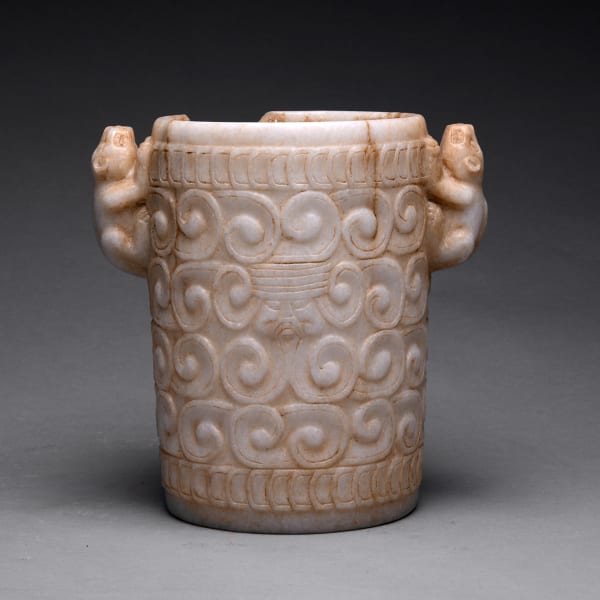 Mayan Marble Cylindrical Vase with Jaguar Handles