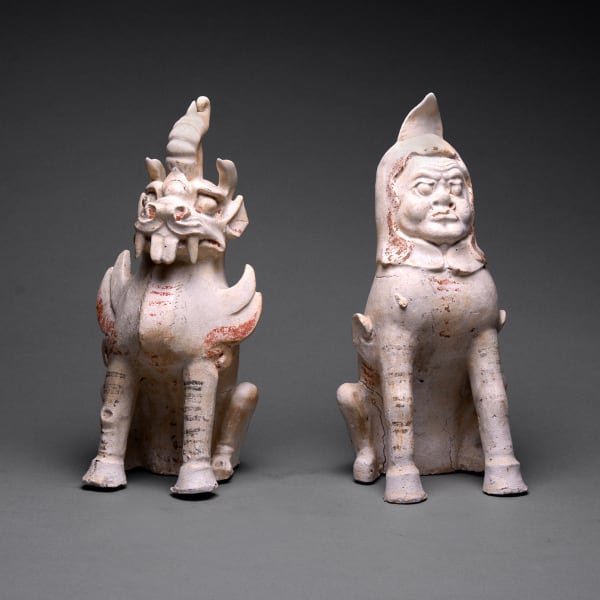 Pair of Sui Glazed and Painted Terracotta Spirit Guardians
