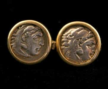 Pair of 18 Karat Gold Cufflinks Featuring Silver Drachms of Alexander the Great