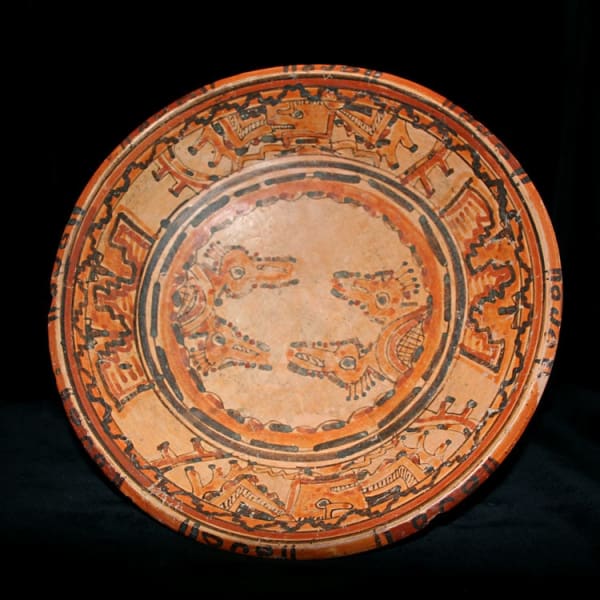 Mayan Polychrome Plate with Four Rattle Feet