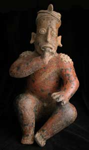 Ameca-Ezatlán Style Jalisco Sculpture of Seated Man Wearing Crested Helmet