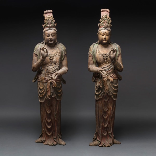 Late Ming/Early Qing Pair of Lacquered Wooden Sculptures of Bodhisattvas