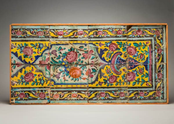 Panel of Persian earthenware tiles, painted in polychrome glaze