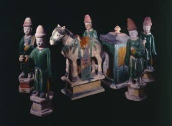 Set of Five Ming Glazed Terracotta Attendants, a Horse, and a Pagoda