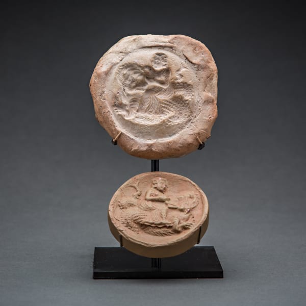 Kushan Empire earthenware mould with the depiction of a Nereid on a sea monster