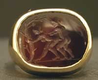 Gold Ring Featuring a Classical Revival Carnelian Seal Depicting Two Lovers